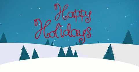 Digital composite image of happy holidays text on snowcapped landscape with Stock Illustration