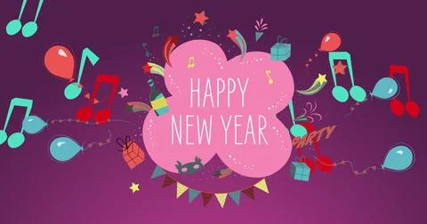 Digital composite image of happy new year text amidst musical notes and balloons Stock Illustration