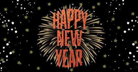 Digital composite image of happy new year text over exploding firework amidst Stock Illustration