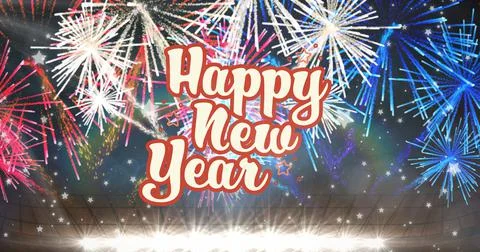 Digital composite image of happy new year text in white against exploding Stock Illustration