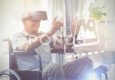 Digital composite image of happy senior man on wheelchair using VR headset at PSD Template