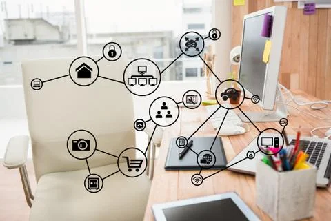 Digital composite image of icons in office Stock Illustration