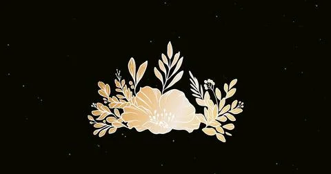 Digital composite image of leaves and flower pattern over black background Ilustração Stock