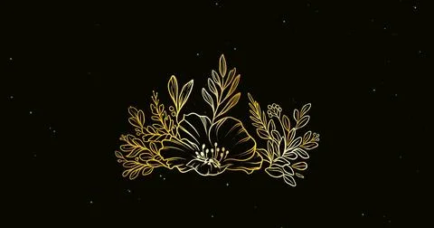Digital composite image of leaves and flower pattern over black background with Ilustração Stock