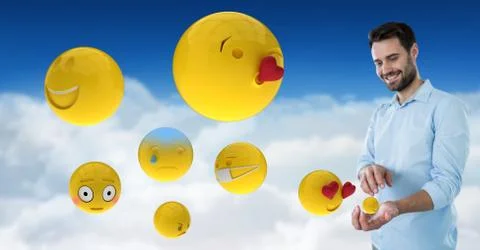Digital composite image of man with various emojis on clouds Stock Photos