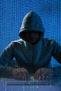 Digital composite image of man wearing balaclava hacking laptop at desk Stock-Illustration