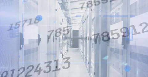 Digital composite image of multiple changing numbers against empty server room 스톡 사진