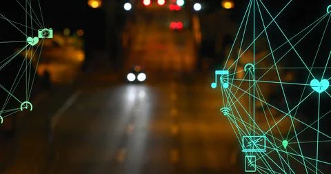 Digital composite image of network of connection with interface icons against Stock Illustration