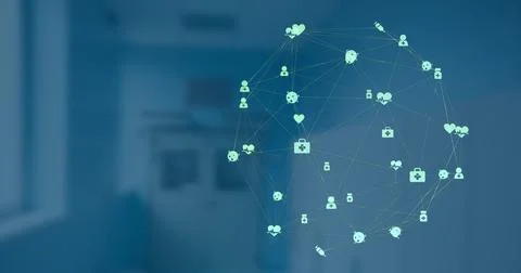 Digital composite image of network of connection with interface medical icons Fotos Stock