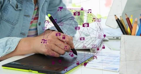 Digital composite image of network of connection with interface icons forming a Foto stock