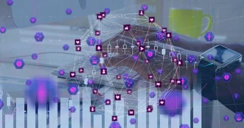 Digital composite image of network of connection with interface icons forming a Stock Photos