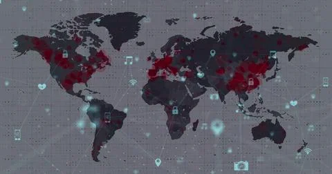 Digital composite image of network of connections with interface icons against Illustrazione stock