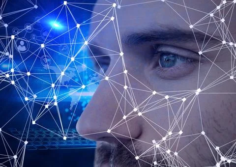 Digital composite image of network of connections against close up of male human Stock Photos
