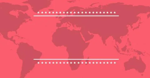 Digital composite image of parallel stars pattern over world map in pink color Illustrazione stock