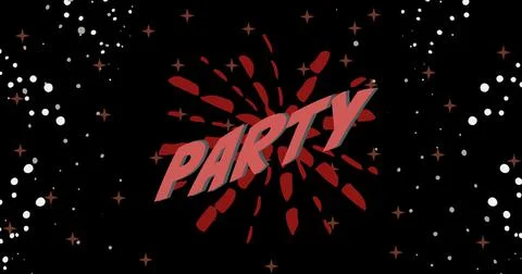 Digital composite image of party text over exploding firework amidst stars and Stock Illustration