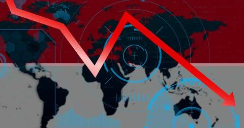 Digital composite image of red downgrading pointing graph over world map Ilustração Stock