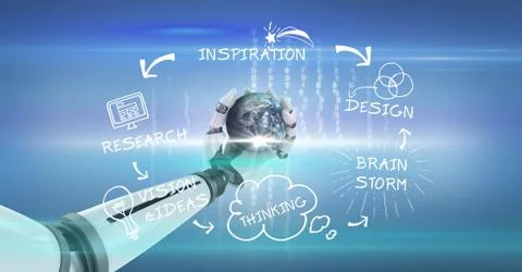 Digital composite image of robot hand with business concepts Illustrazione stock