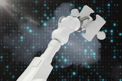 Digital composite image of robot holding jigsaw piece 3d Stock Illustration