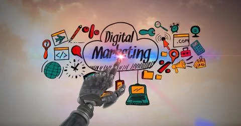 Digital composite image of robot touching screen with digital marketing sign and Stock-Illustration