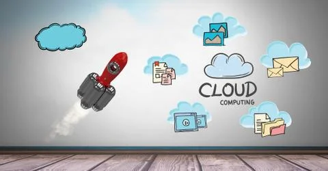 Digital composite image of rocket with notes representing cloud computing Stock Illustration