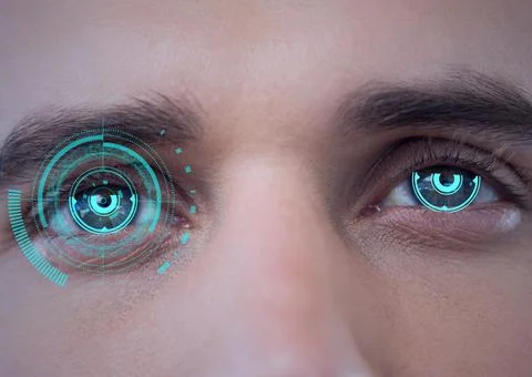 Digital composite image of round scanner against close up of male human eyes Stock Photos