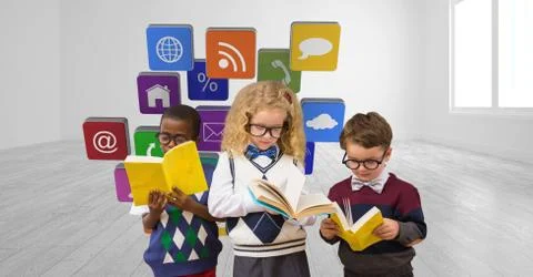 Digital composite image of school children reading books against application Stock Photos