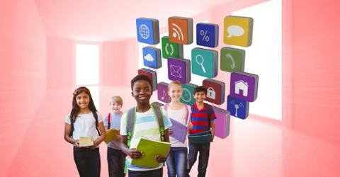 Digital composite image of school children with books and application icons Foto stock