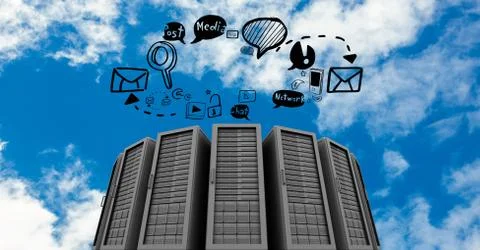 Digital composite image of servers with icons in sky イラスト素材