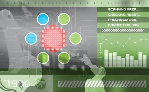 Digital composite image of shapes and text with graphs on screen Stock Illustration