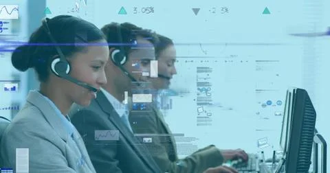Digital composite image shows diverse call center workers with data graphs 库存照片