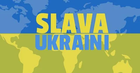 Digital composite image of slava ukraini text over world map with translucent Ilustração Stock