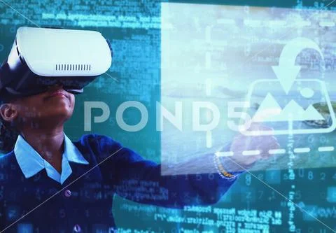 Digital composite image of smiling girl using virtual reality headset in PSD Template