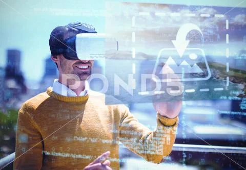 Digital composite image of smiling man using virtual reality headset while PSD Template