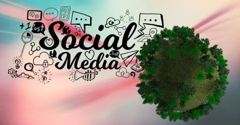 Digital composite image of social media icons by tree globe Stockillustratie