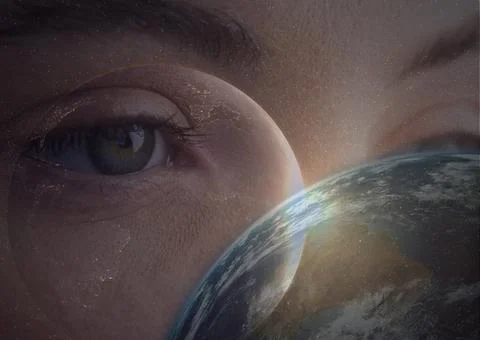 Digital composite image of spot of light and globe against close up of female Stock Photos