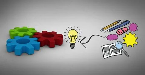 Digital composite image of stationery by light bulb and gears 스톡 일러스트