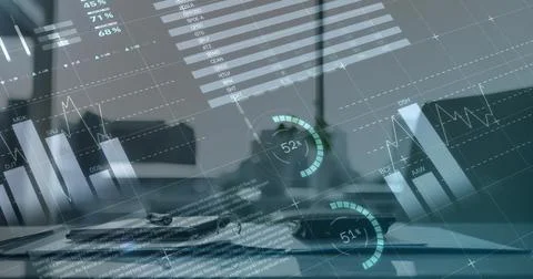 Digital composite image of statistical and financial data processing against Stockfoto's