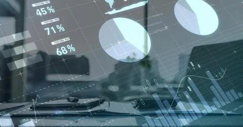 Digital composite image of statistical and financial data processing against Stockfoto's