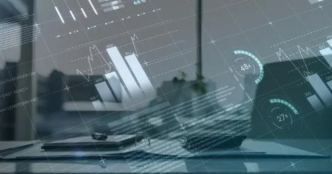 Digital composite image of statistical and financial data processing against Stockfoto's