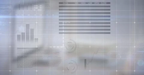 Digital composite image of statistical data processing against computer at Stockfoto's