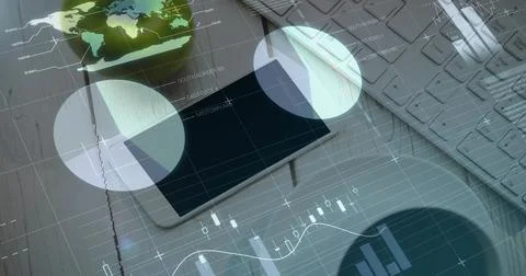 Digital composite image of statistical data processing against office equipment Stock Photos