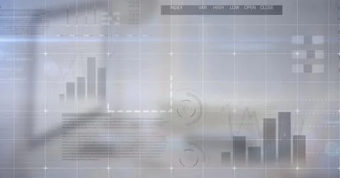 Digital composite image of statistical data processing against computer at 库存照片