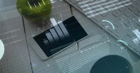 Digital composite image of statistical data processing against office equipment Stockfoto's