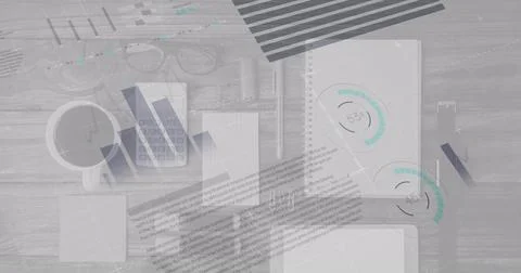 Digital composite image of statistical data processing against office equipment 库存照片