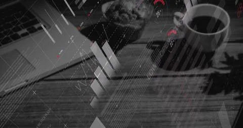 Digital composite image of statistical data processing against office equipment 库存照片