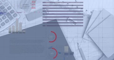 Digital composite image of statistical data processing against office equipment Stockfoto's