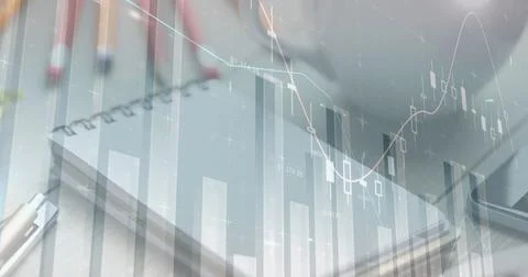 Digital composite image of statistical data processing against office equipment 库存照片