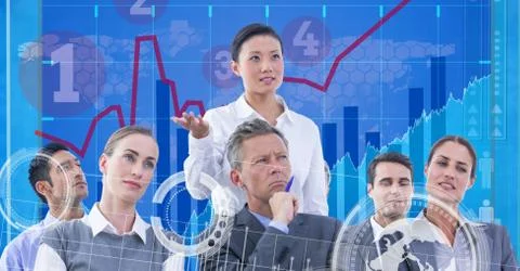 Digital composite image of tech graphics with business people in office Foto stock