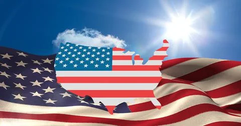 Digital composite image of usa map with striped pattern, star shapes over Stock Photos