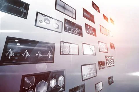 Digital composite image of various computer screens 库存插图